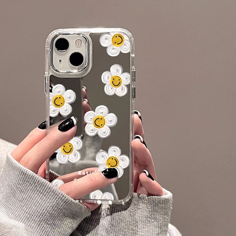 Cute Daisy Pattern Phone Case For iPhone 14 16 Pro Max Mirror Cases For iPhone 15 11 12 13 14 Pro Max X XR XS Max Make up Cover