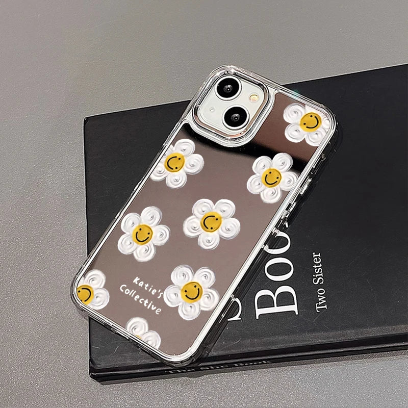 Cute Daisy Pattern Phone Case For iPhone 14 16 Pro Max Mirror Cases For iPhone 15 11 12 13 14 Pro Max X XR XS Max Make up Cover