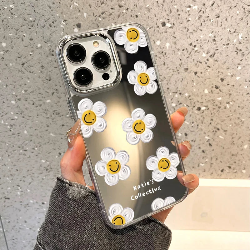 Cute Daisy Pattern Phone Case For iPhone 14 16 Pro Max Mirror Cases For iPhone 15 11 12 13 14 Pro Max X XR XS Max Make up Cover