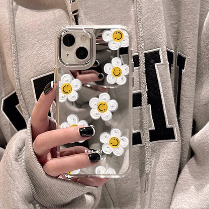 Cute Daisy Pattern Phone Case For iPhone 14 16 Pro Max Mirror Cases For iPhone 15 11 12 13 14 Pro Max X XR XS Max Make up Cover