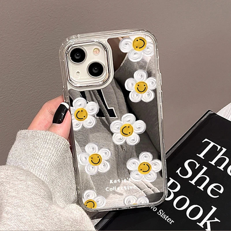 Cute Daisy Pattern Phone Case For iPhone 14 16 Pro Max Mirror Cases For iPhone 15 11 12 13 14 Pro Max X XR XS Max Make up Cover